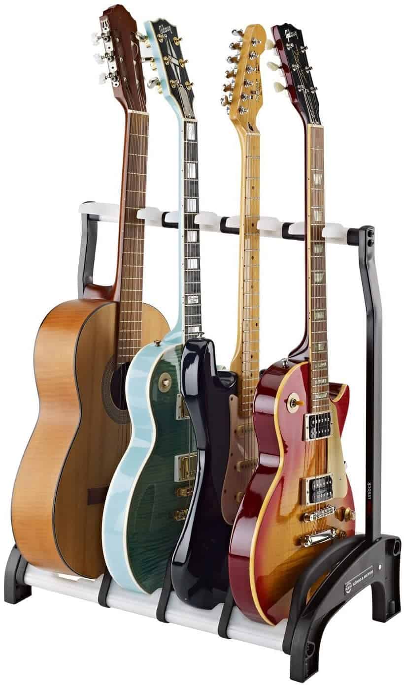 ขาตั้งกีตาร์ 4 ตัวที่ดีที่สุด: K & M Four Guitar Guardian 3+1