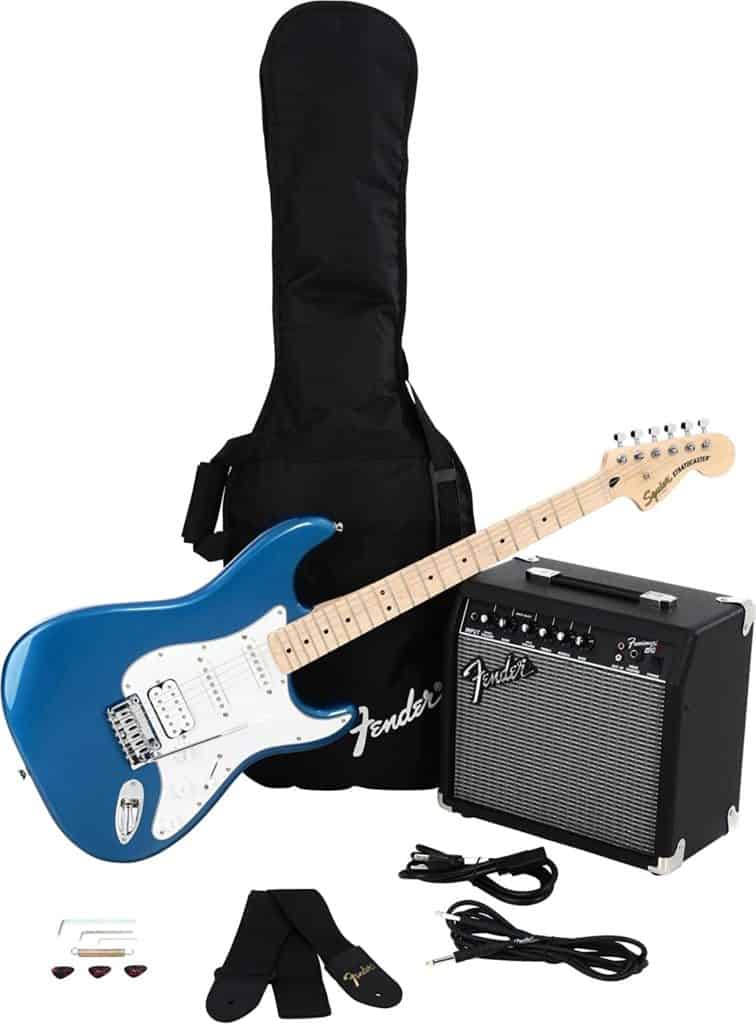 Squier na Fender Affinity Series Stratocaster Pack, HSS, Maple Fingerboard, Lake Placid Blue